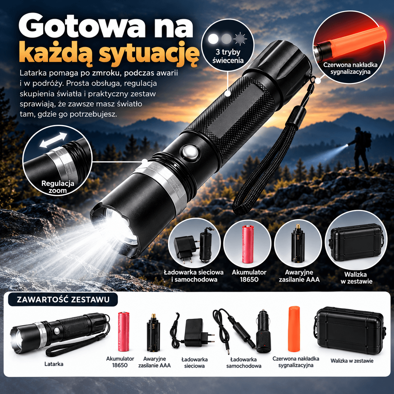 LUMTARO – Latarka LED z regulacją strumienia światła.